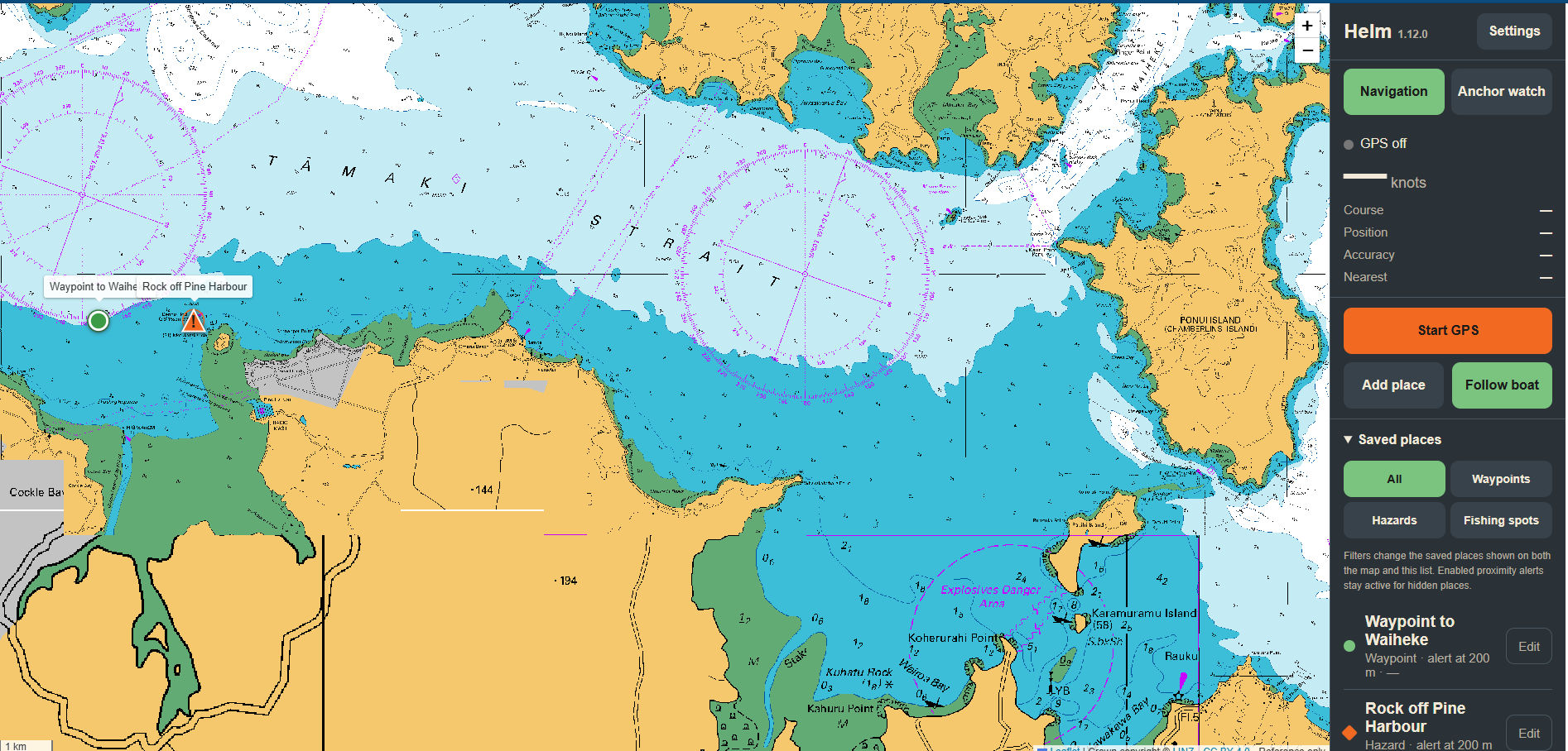 My Helm showing a LINZ chart, GPS tools, Anchor Watch and Saved Places