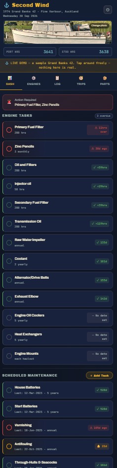 My Vessel Log dashboard on a phone, showing engine hours and engine tasks due
