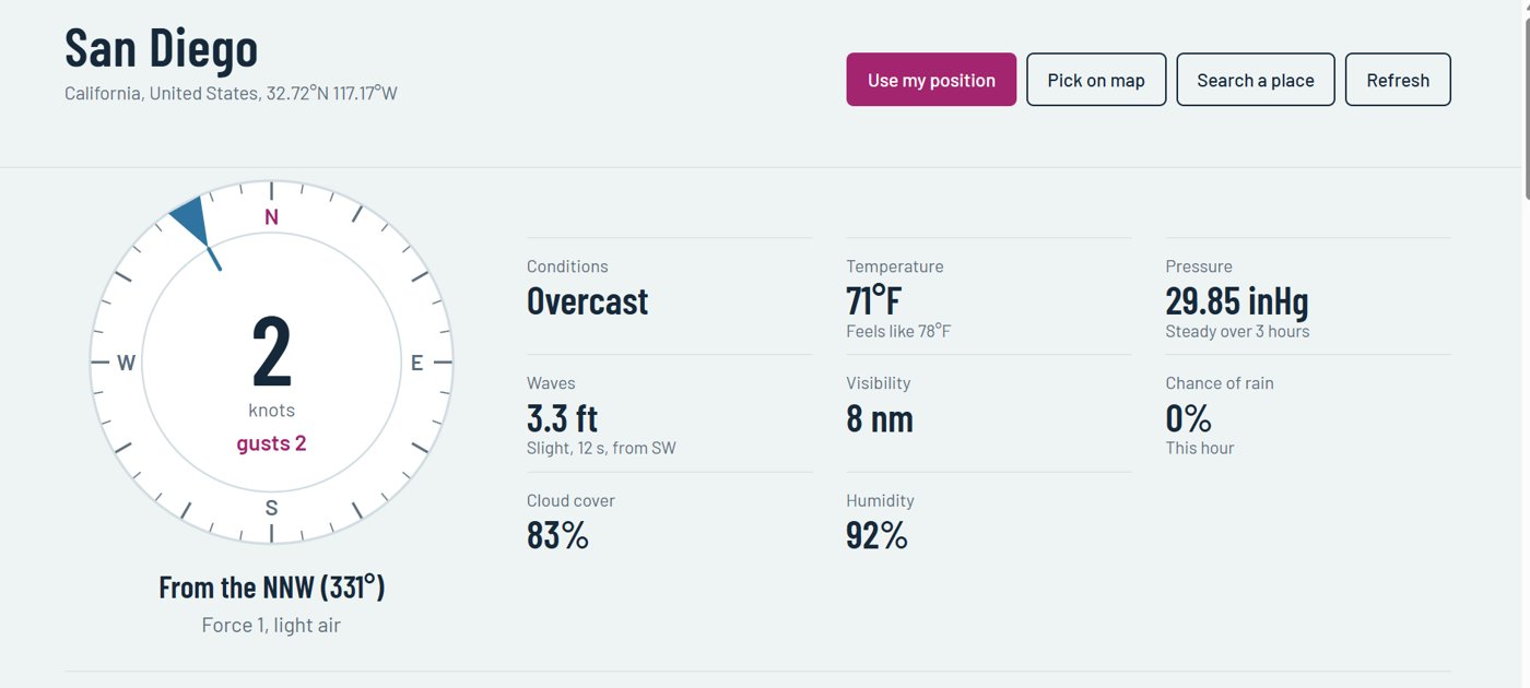 My Helm Weather showing a wind compass, conditions, waves, visibility and pressure